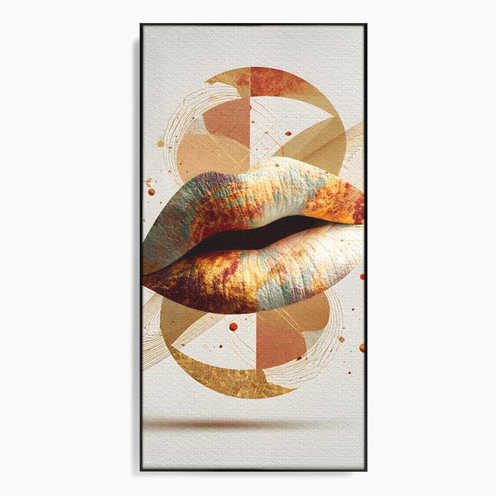 Tablou canvas cu tablou canvas cu buze aurii si forme geometrice, in rama de aluminiu negru